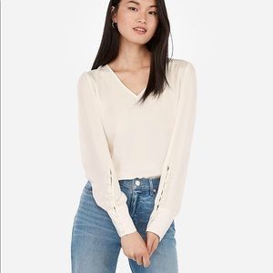 Puff Sleeve Large Button-Cuff V-Neck Blouse